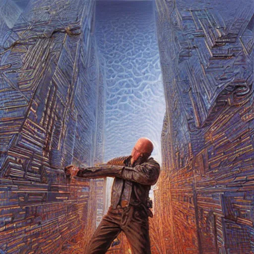 Image similar to bruce willis as a sci - fi alien hunter, hyperdetailed, golden and blue hour, art by peter gric