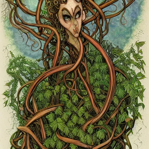 Image similar to anthropomorphic tangle of vines and plant matter. this fantasy creature guards the woods from unwary travelers. similar to a treant or forest spirit. By rebecca guay, by terese nielsen, by aaron miller, by kieran yanner. trending on artstation. 4k resolution.