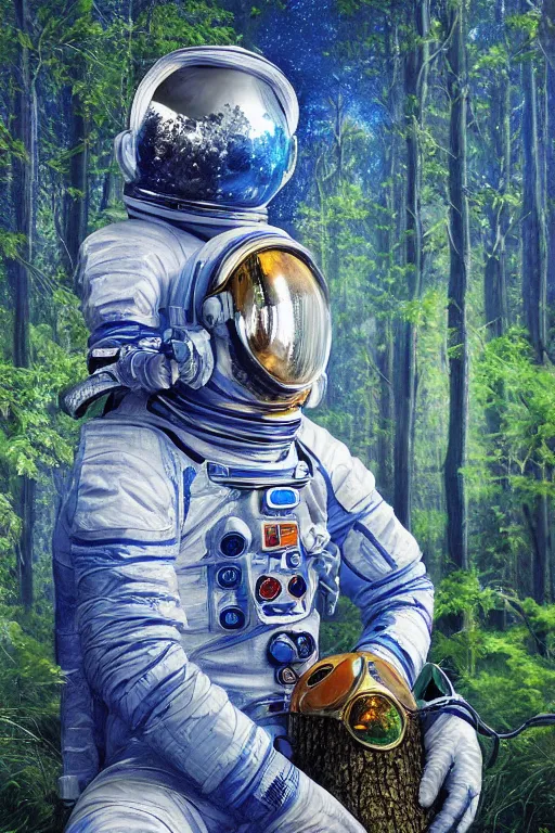 Image similar to blue astronaut meditating in the forest, oil on canvas, intricate, portrait, 8k highly professionally detailed, HDR, CGsociety