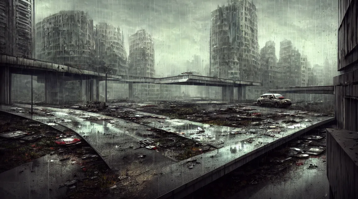 Prompt: post apocalyptic bridge, raining, building, avenue, modern contemporary urban americana concrete architecture, by pascal blanche, neil blevins, apocalyptic color palette, trending on artstation, photorealistic, wilderness ambiance, ultra detailed, high definition, depth of field, bokeh, rubble, wild vegetation, blood stains, building crumbling