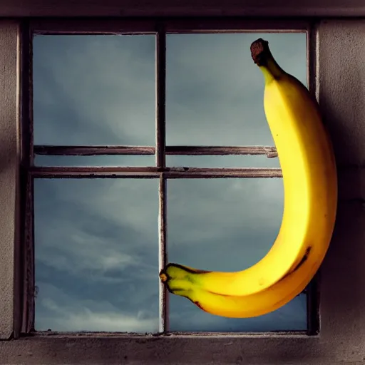 Prompt: a banana shooting through a window