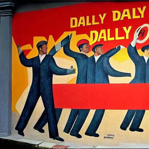 Image similar to the word daily!!!!!!!!!!!!!!!!!!!!!!!! depicted in a socialist realist mural