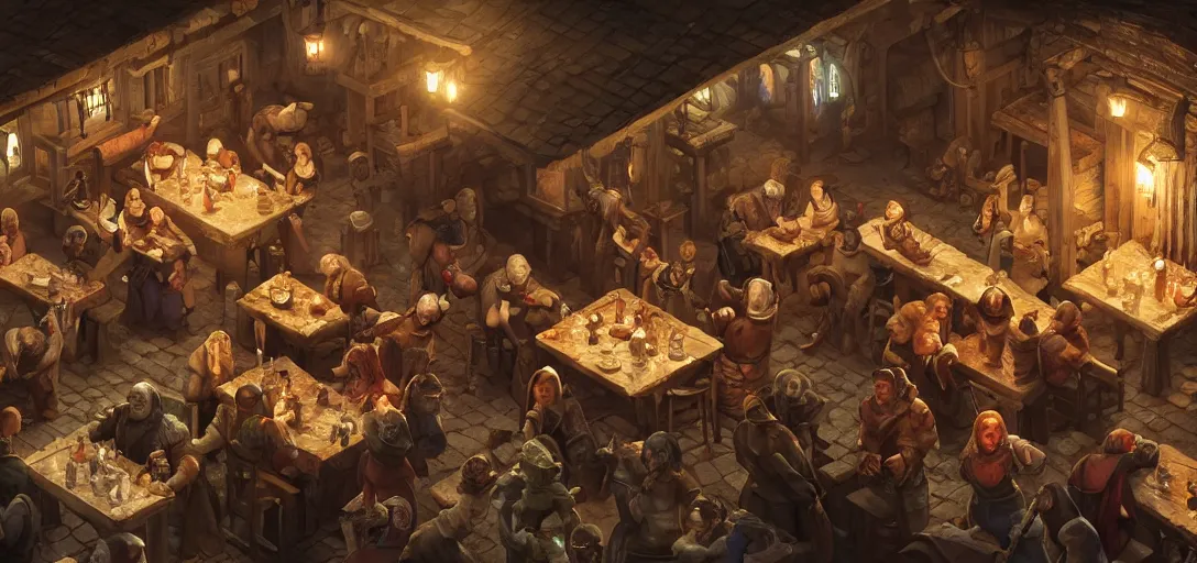 Image similar to medieval tavern, isometric view, game art, game dev, concept, extremely high detail, photo realistic, cinematic lighting, post processed, concept art, artstation, matte painting, style by eddie mendoza, raphael lacoste, alex ross