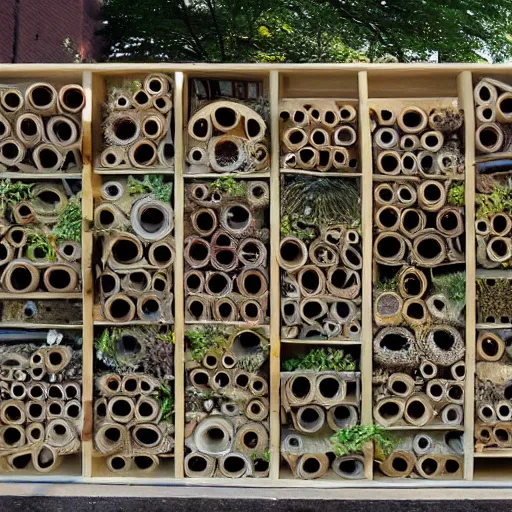 Image similar to insect hotel combined with modern buildings, cityscape, photograph