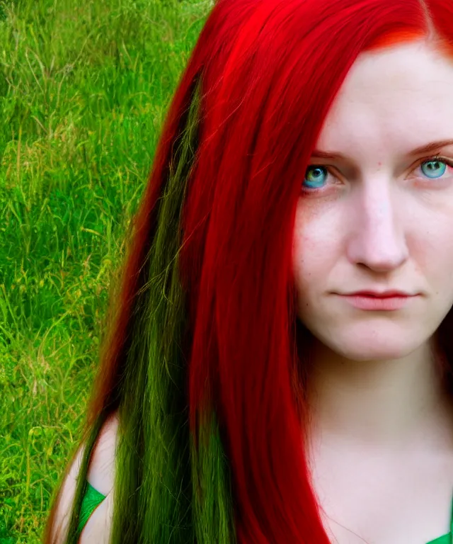 Image similar to Fae teenage girl, portrait, face, long red hair, green highlights