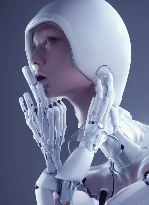 Prompt: white one cast futuristic biomechanics futuristic humanoid, pretty face, beautiful female, futuristic, neon lights, cyberpunk, 8 k, digital painting, by beeple and makoto shinkai, trending on cg society, glamour pose, high fashion, photorealistic, hyper realistic, perfect body, anatomical correct, ambient occlusion render