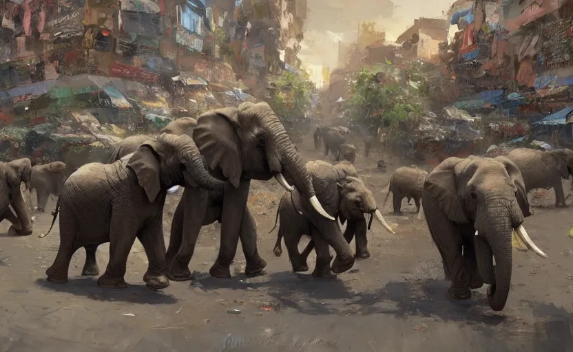 Prompt: Huge elephants dragging goods across the road, which is surrounded by dense fruit stalls, ue, high precision, By Craig Mullins