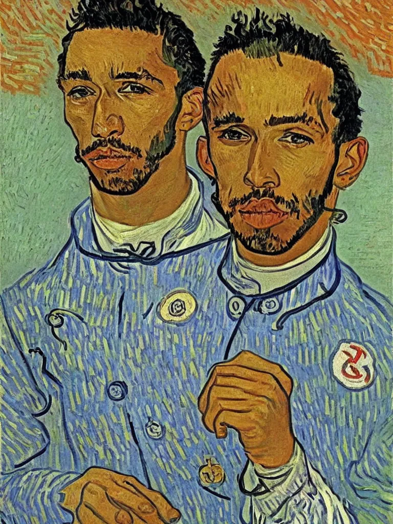 Prompt: portrait of Sir Lewis Hamilton by Van Gogh