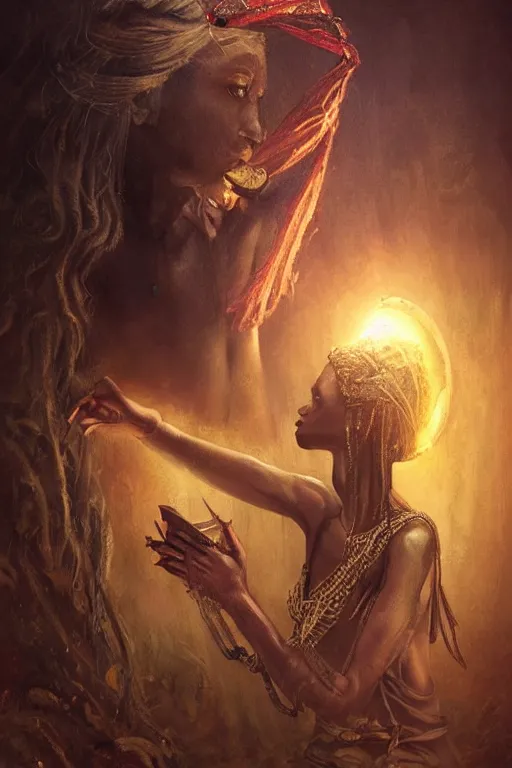 Prompt: african princess giving an offering to a heavenly being, mystical artifact, digital art, fantasy, magic, professional illustration by seb mckinnon, wlop, and artgerm, illustration