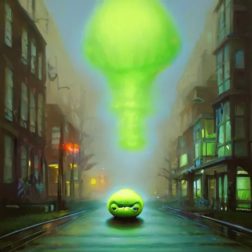 Image similar to the blob, a being of green ghostly ooze making its way through abandoned midnight streets, ray swanland, rhads,