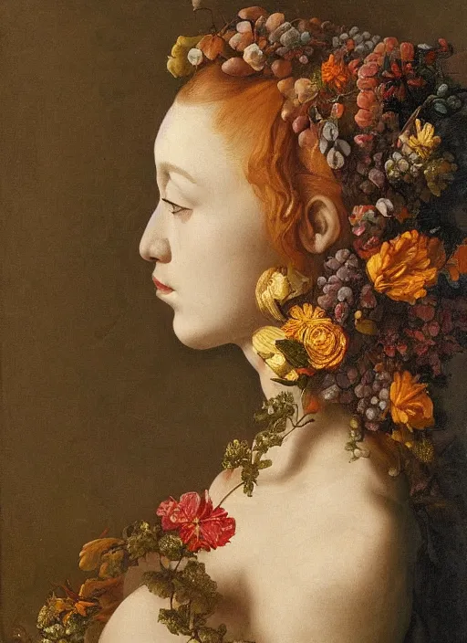 Prompt: a woman's face in profile, with long hair made of still life flowers and fruit, in the style of the dutch masters, dark and moody