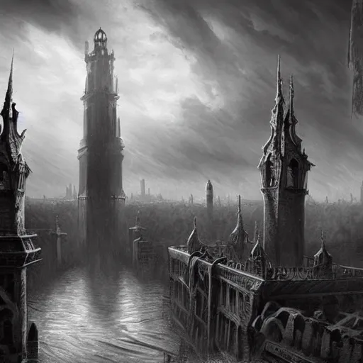 Image similar to an ultra detailed black and white matte painting of a lonely and impossibly tall ominous gothic dark citadel tower of the evil patriarch, in the style of magic the gathering, in a river elevated high above the city, gaslight fantasy capital city, ultrawide lense, aerial photography, scary thunderstorm, exquisite detail, 8 k, art by greg rutkowski and alphonse mucha