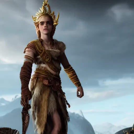Image similar to Film still of Emma Watson as Freyja, from God of War (2018 video game)
