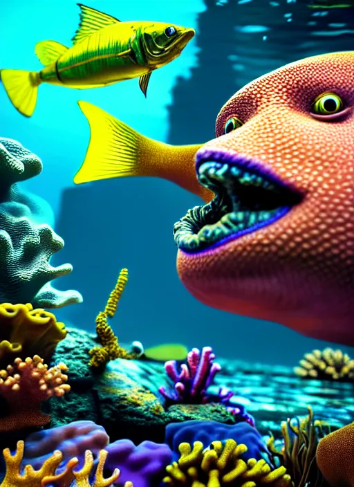 Image similar to hyperrealism, detailed textures, photorealistic 3 d render, an underwater scene with brightly coloured fish smoking cigars, brightly coloured coral, ultra realistic, ultra high pixel detail, cinematic, intricate, cinematic light, octane render, concept art, illustration, captured on canon eos r 6, art station, unreal engine 8 k