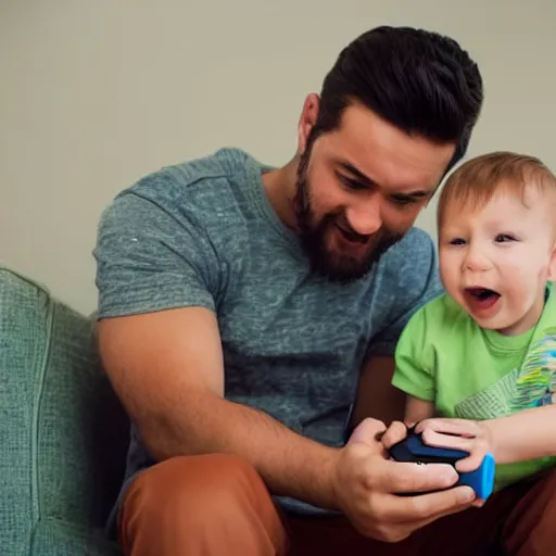 Prompt: man holding baby while playing his game console