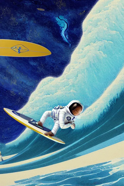 Image similar to an amazing digital painting of an astronaut in a white and royal blue luxurious space suit surfing the great wave of Kanagawa on a futuristic surfboard at Pamukkale, thermal waters flowing down multiversal gold travertine terraces by greg rutkowski, photorealistic, trending on artstation, highly detailed, unreal engine, octane render