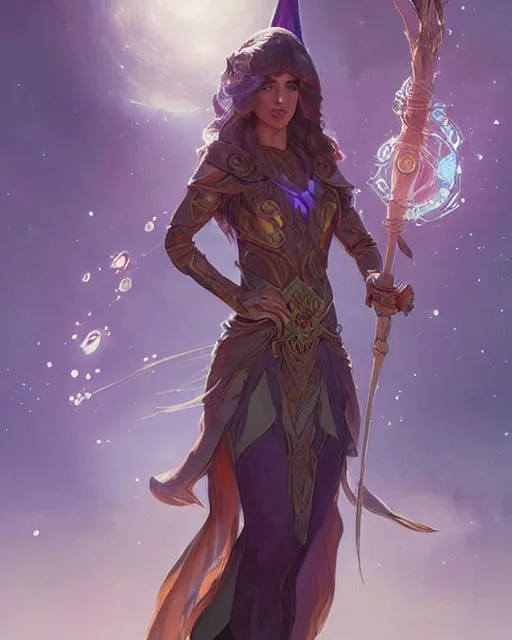 Image similar to magical female Mage, elf of race, holding her magical staff on a beautiful alien planet, portrait, elegant, intricate, digital painting, artstation, concept art, smooth, sharp focus, illustration, art by artgerm and greg rutkowski and alphonse mucha