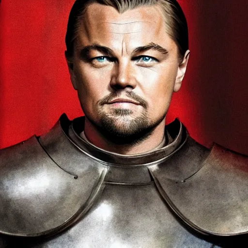 Image similar to portrait of leonardo dicaprio as a templar knight in full plate armor