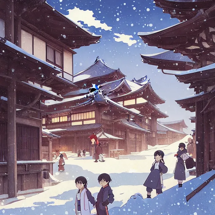 Image similar to japanese rural town, winter, in the style of studio ghibli, j. c. leyendecker, greg rutkowski, artem