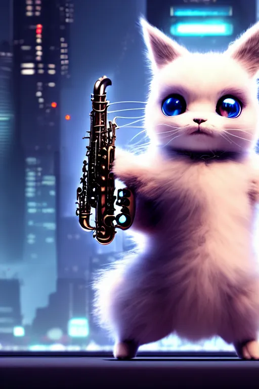 Image similar to high quality 3 d render very cute fluffy cyborg! cat plays saxophone, cyberpunk highly detailed, unreal engine cinematic smooth, in the style of blade runner & detective pikachu, hannah yata charlie immer, moody light, low angle, uhd 8 k, sharp focus