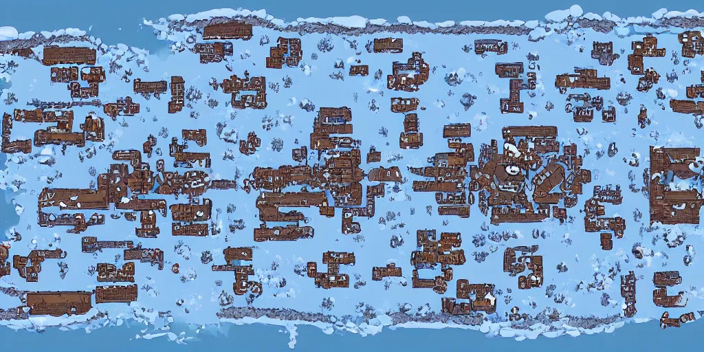Prompt: a high detailed winter snow ice fantasy bandit camp vector art an aerial view of a cartoonish rpg village by dungeondraft, dofus, patreon content, hd, straight lines, vector, grid, dnd map, map patreon, fantasy maps, foundry vtt, fantasy grounds, aerial view, dungeondraft, tabletop, inkarnate, dugeondraft, roll 2 0