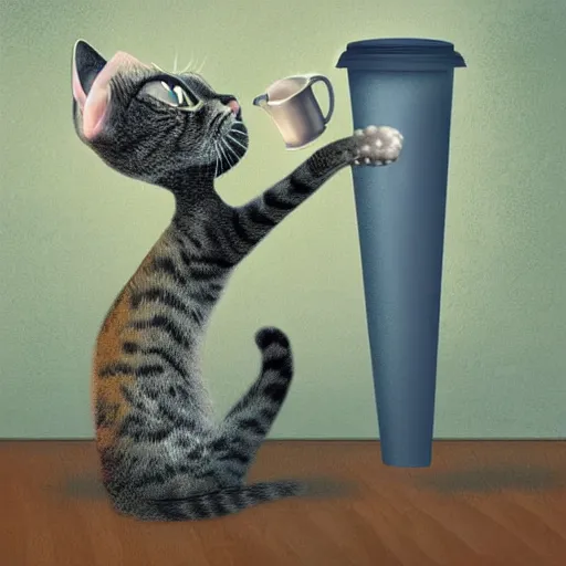 Image similar to cat standing thinking in existence with a cup in the hand, digital art, trending on arstation