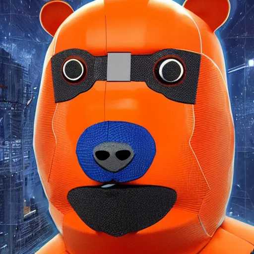 Image similar to A bear in orange and blue cyber armor facing you