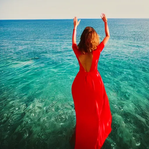 Image similar to woman with waving long hair, satin red dress, waist deep in the ocean, back view, first person view