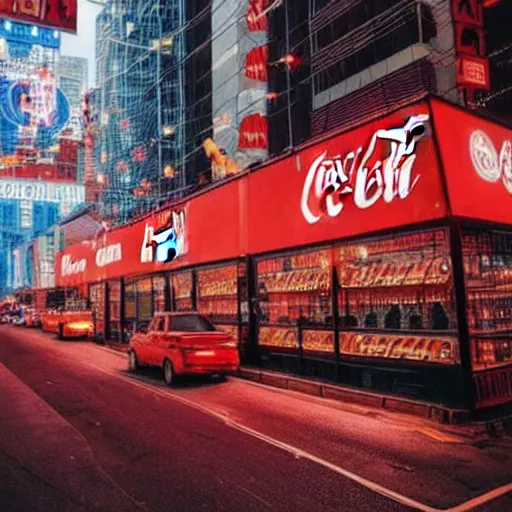 Image similar to a cyberpunk city with crazy illuminated coca - cola and apple signs