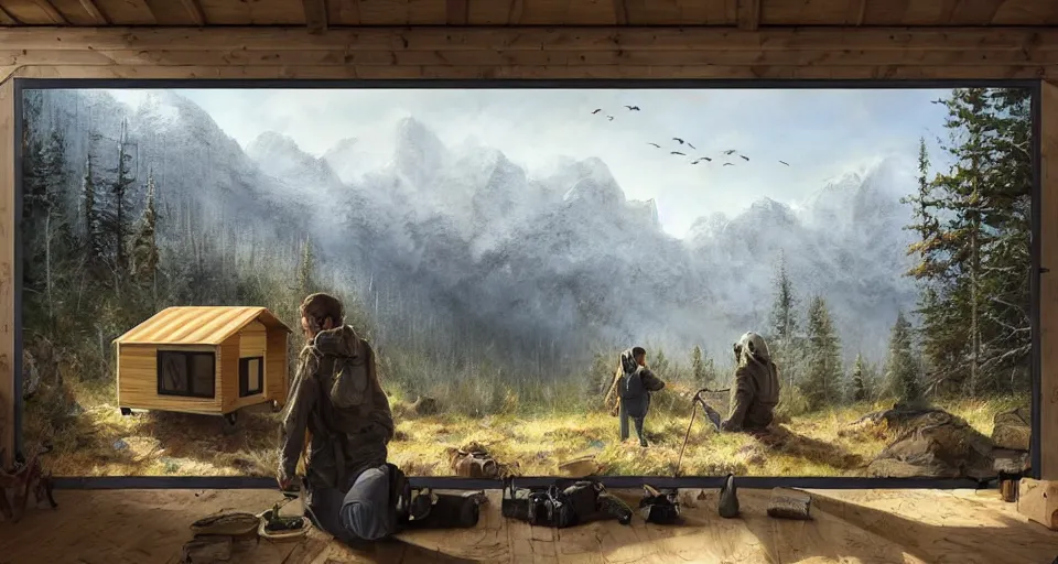 Image similar to cabela's beautiful comfortable carbon framed, modular insulated wall portable container home kit - house all weather family dwelling tent house, person in foreground, mountainous forested wilderness open fields, beautiful views, painterly concept art, environmental concept art, concept art illustration, by james gurney, by craig mullins, by greg rutkowski trending on artstation