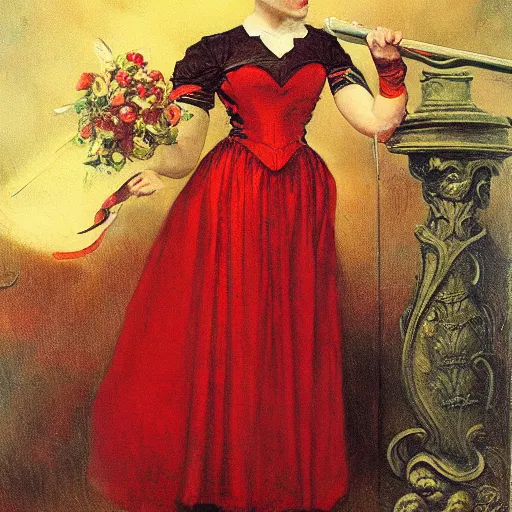 Prompt: Orville Houghton Peet and William Simpson and Jean Gautier victorian genre painting portrait painting of a young beautiful woman marverl DC comic book character fantasy costume, red background