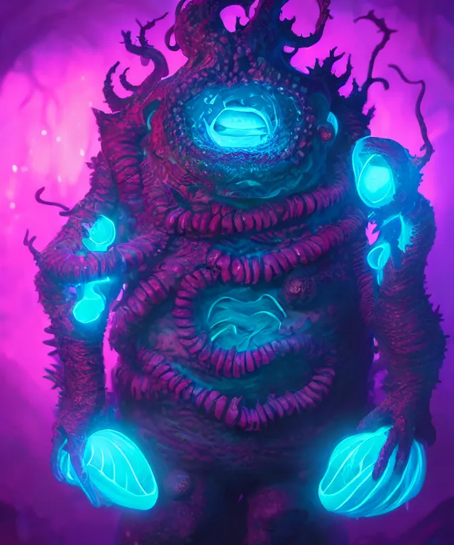 Prompt: a xanathar made of bioluminescence slimy skin, fantasy, elegant, crisp 8 k line art, digital painting, artstation, unreal engine, octane render, emissive lighting, concept art, matte, sharp focus, hyper realistic lighting, illustration, deep royal blue and pink color scheme, art by dave kendall