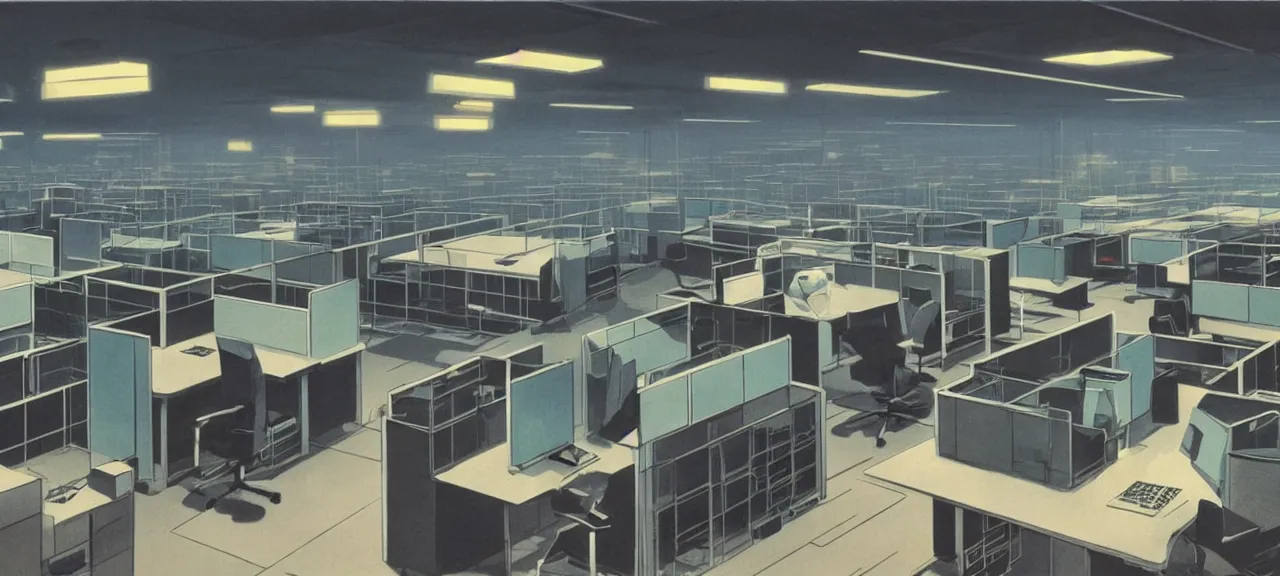 Prompt: dystopian office space with cubicles, vintage computers, neon light, giant screens on the walls, atrium, concrete walls, no windows, concept art by syd mead