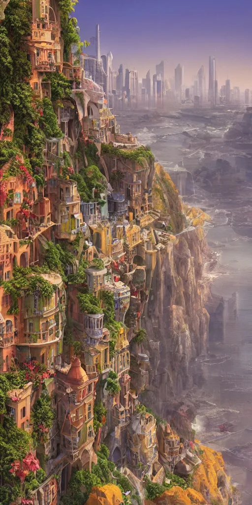 Prompt: a painting of a city built into the side of a cliff, a detailed matte painting by chris labrooy and wes anderson, cgsociety, fantastic realism, matte painting, terragen, artstation hq