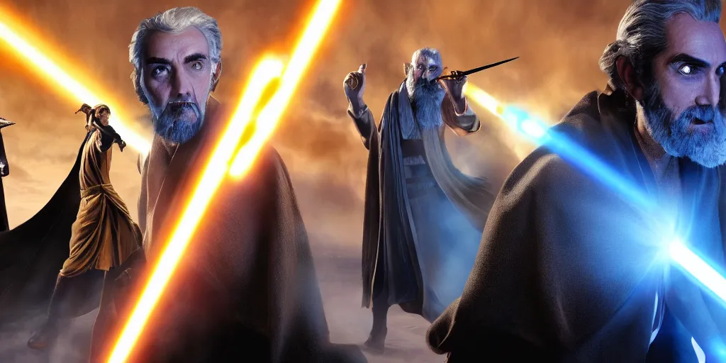 Prompt: Count Dooku with black beard and blue ligthsaber fights Yaddle from the phantom menace ultra realistic, 4K, movie still, UHD, sharp, detailed, cinematic, render, modern