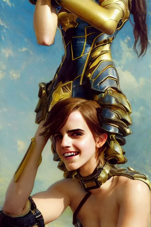 Image similar to emma watson smiling closeup portrait futuristic fractal fightsuit bustier armoured shorts gaston bussiere craig mullins j. c. leyendecker short wet hair