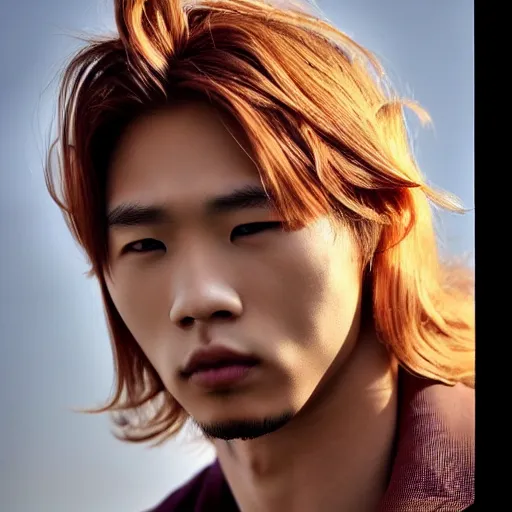 Image similar to a beautiful picture of a jong red blond man wiht a sharp face and brown eyes, long hair, pointy nose