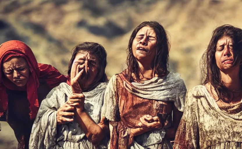 Image similar to three maria's crying in a landscape because jesus died, cinematic, dynic pose, award winning photo by national geographic