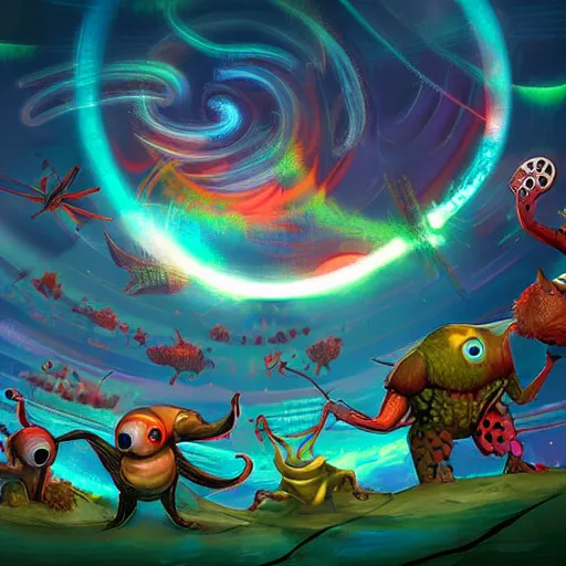 Prompt: laser war between funny creatures on a planet, digital art, award winning 4K