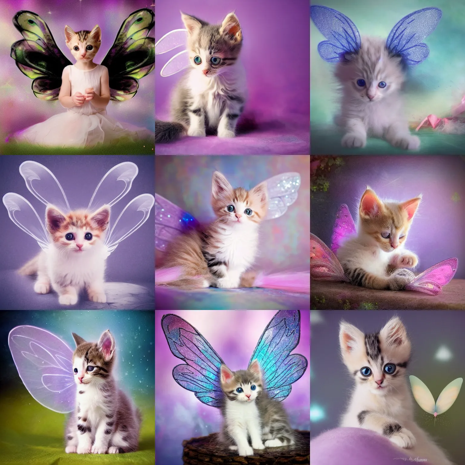 Prompt: photograph of an adorable kitten with fairy wings. magic atmosphere, soft pastel colors