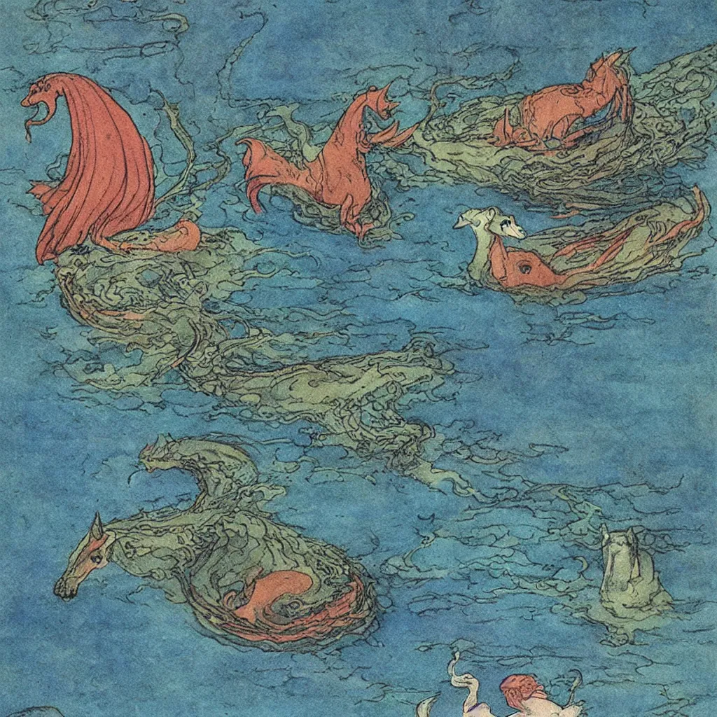 Prompt: an extremely colorful depiction of a merhorse in a lake, rearing up with its tail tucked underneath, from a book of fairy tales illustrated by edmund dulac