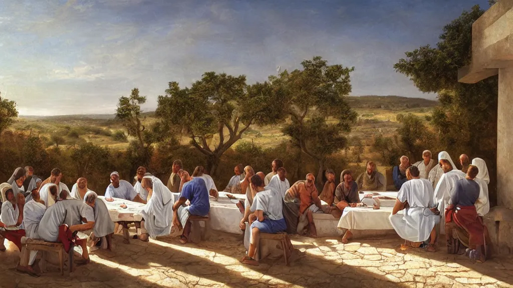 Image similar to soccer players seating in the scene of the last supper, under the porch of a typical portuguese house, with typical alentejo landscape in the back, sunny morning, matte painting, oil canvas, photorealistic illustration, extreme detail, hyper realistic, highly detailed, digital art