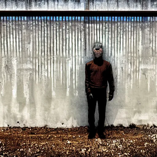 Prompt: a man standing in front of a fence with barbed wire, minimalism, dystopian art, retrofuturism