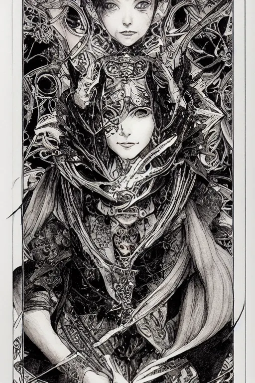 Prompt: portrait dices and belladonna tarot card, pen and ink, intricate line drawings, by Yoshitaka Amano, Ruan Jia, Kentaro Miura, Artgerm, watercolor