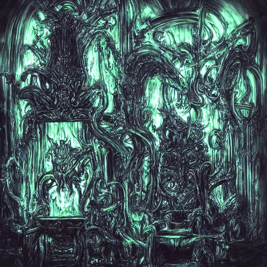 Prompt: a giger nightmare throne, dark neon colors shade glow backlit, evil throne of power, photo pic by realistic horror