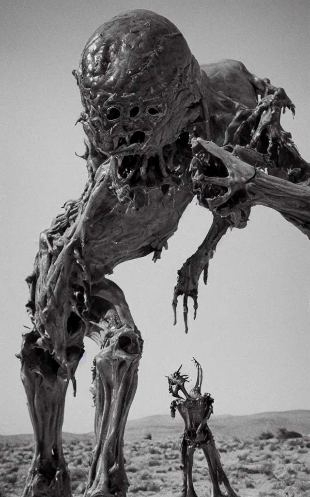 Image similar to in the desert a bloody gross horrifying The Thing creature made of muscle and bone and blood stares at the camera, eating, mid day, 35mm photography, realistic,