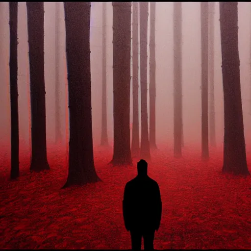 Image similar to a lonely man standing on a deserted planet, forestry, dreary, head down, smokey, mist, blur, red lighting, acrylic art,