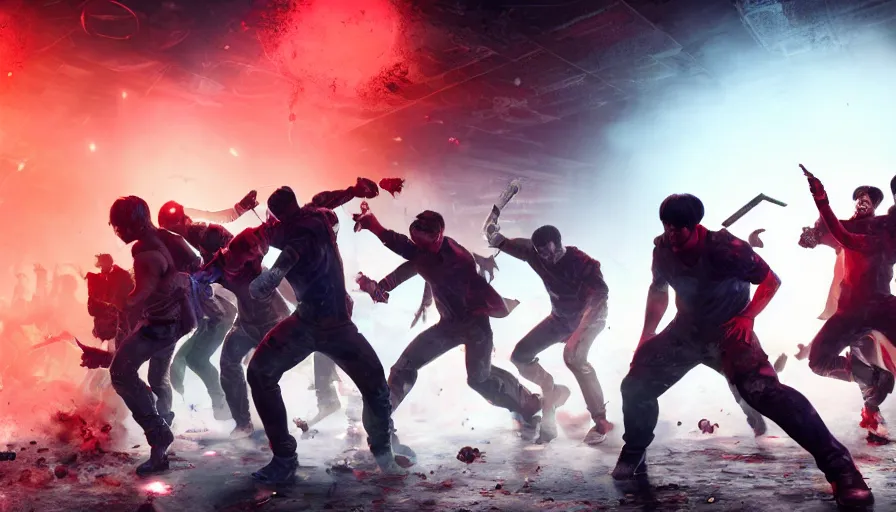 Image similar to full - body action shot of bts as heroes fight a horde of zombies, in the style of k - pop, epic, cinematic, volumetric lighting, symmetry, octane render, artstation, highly - detailed, unreal 5, realism,