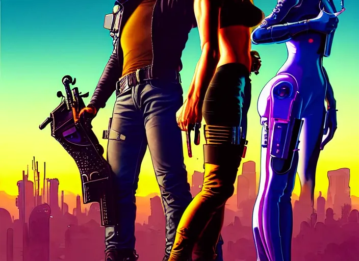 Image similar to cyberpunk gunslingers. portrait by stonehouse and mœbius and will eisner and gil elvgren and pixar. character design. realistic proportions. cyberpunk 2 0 7 7 character art, blade runner 2 0 4 9 concept art. cel shading. attractive face. thick lines. the team. diverse characters. artstationhq.