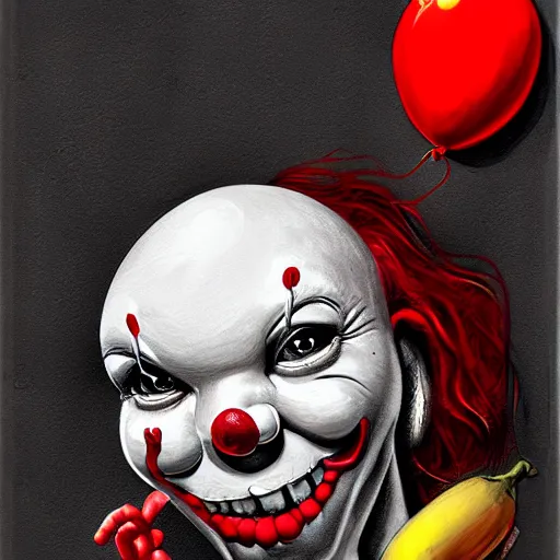 Image similar to surrealism grunge cartoon portrait sketch of a banana with a wide smile and a red balloon by - michael karcz, loony toons style, pennywise style, horror theme, detailed, elegant, intricate